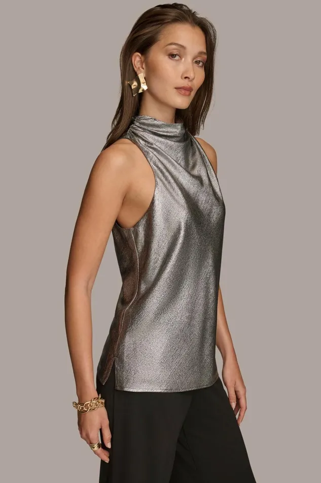 Women Donna Karan Sweaters And Tops METALLIC HIGH COWL TOP Silver