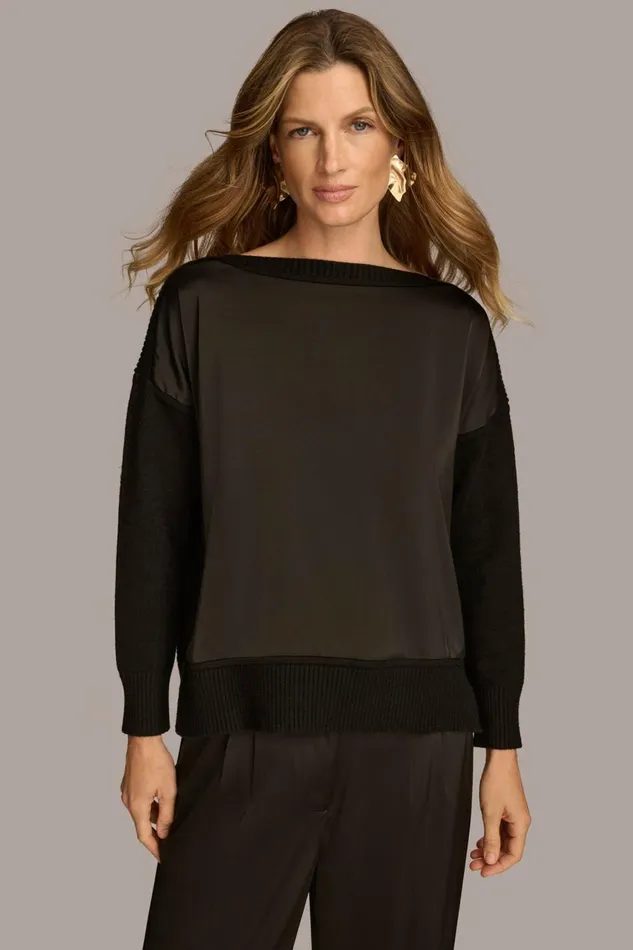 Women Donna Karan Sweaters And Tops MIXED STITCH BOATNECK SWEATER Black