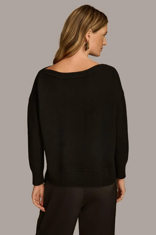 Women Donna Karan Sweaters And Tops MIXED STITCH BOATNECK SWEATER Black