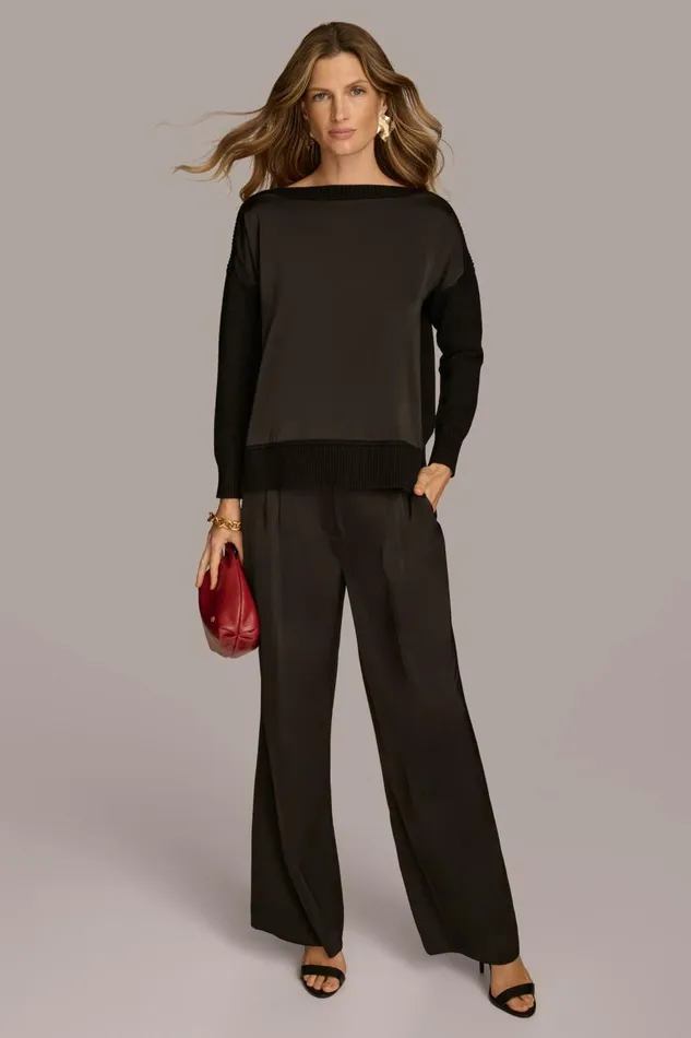 Women Donna Karan Sweaters And Tops MIXED STITCH BOATNECK SWEATER Black