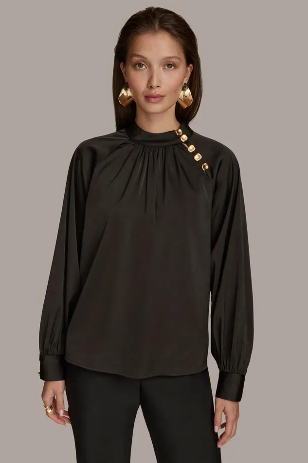 Women Donna Karan Sweaters And Tops MOCK NECK WITH BUTTONS Black
