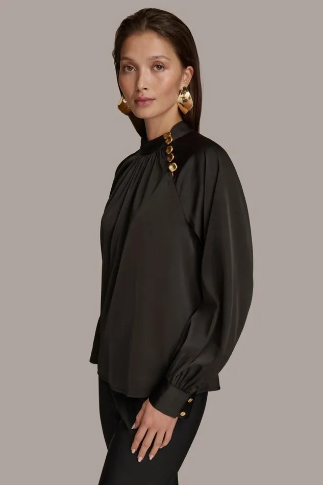Women Donna Karan Sweaters And Tops MOCK NECK WITH BUTTONS Black