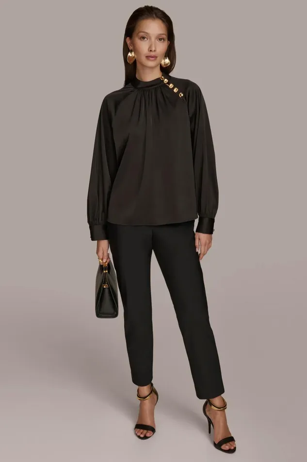 Women Donna Karan Sweaters And Tops MOCK NECK WITH BUTTONS Black