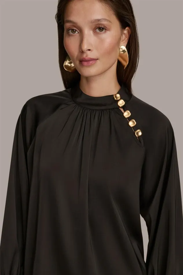 Women Donna Karan Sweaters And Tops MOCK NECK WITH BUTTONS Black