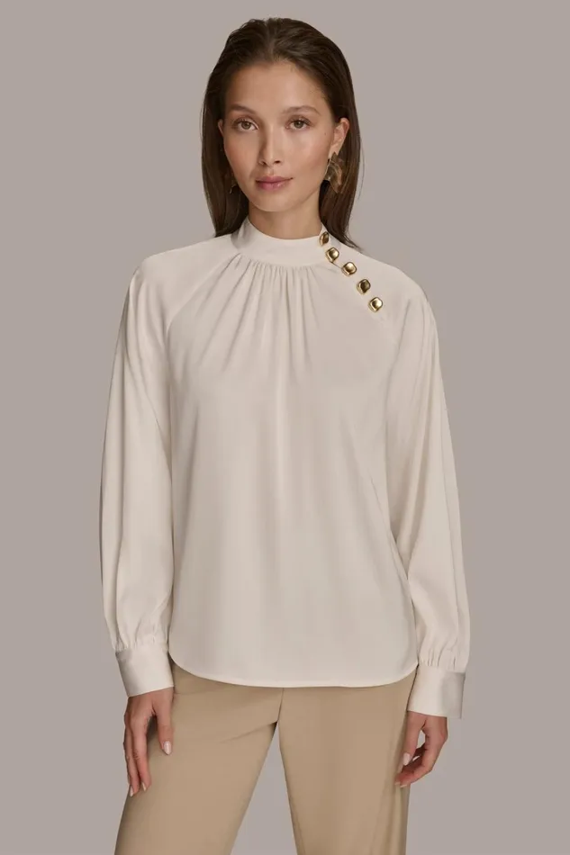 Women Donna Karan Sweaters And Tops MOCK NECK WITH BUTTONS Ivory
