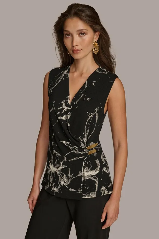 Women Donna Karan Sweaters And Tops PRINT FAUX WRAP WITH BAR HARDWARE Black