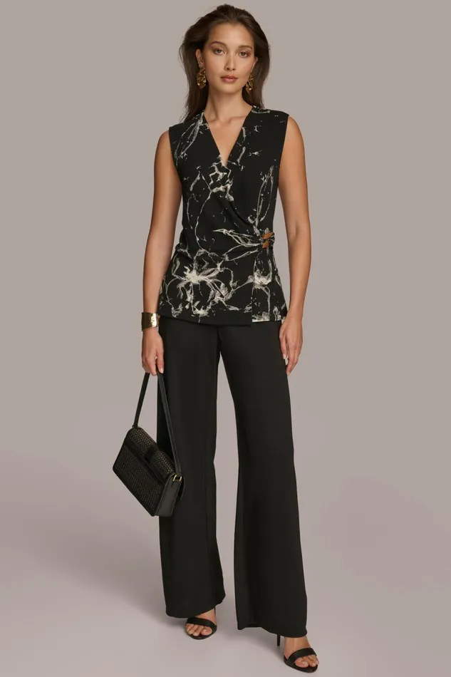 Women Donna Karan Sweaters And Tops PRINT FAUX WRAP WITH BAR HARDWARE Black