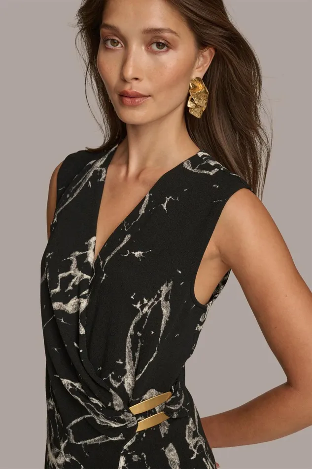 Women Donna Karan Sweaters And Tops PRINT FAUX WRAP WITH BAR HARDWARE Black