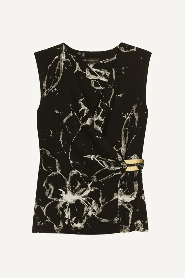 Women Donna Karan Sweaters And Tops PRINT FAUX WRAP WITH BAR HARDWARE Black