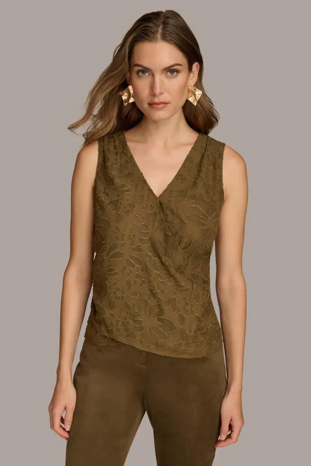 Women Donna Karan Sweaters And Tops SLEEVELESS NOVELTY VNECK BLOUSE Beechgold