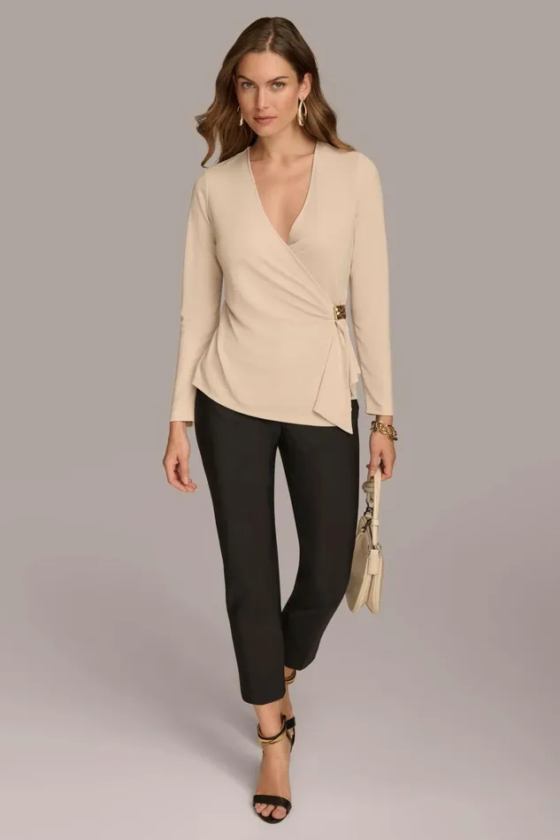 Women Donna Karan Sweaters And Tops V NECK TOP WITH HARDWARE Biscotti