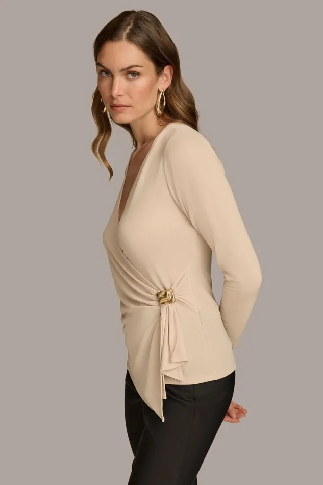 Women Donna Karan Sweaters And Tops V NECK TOP WITH HARDWARE Biscotti