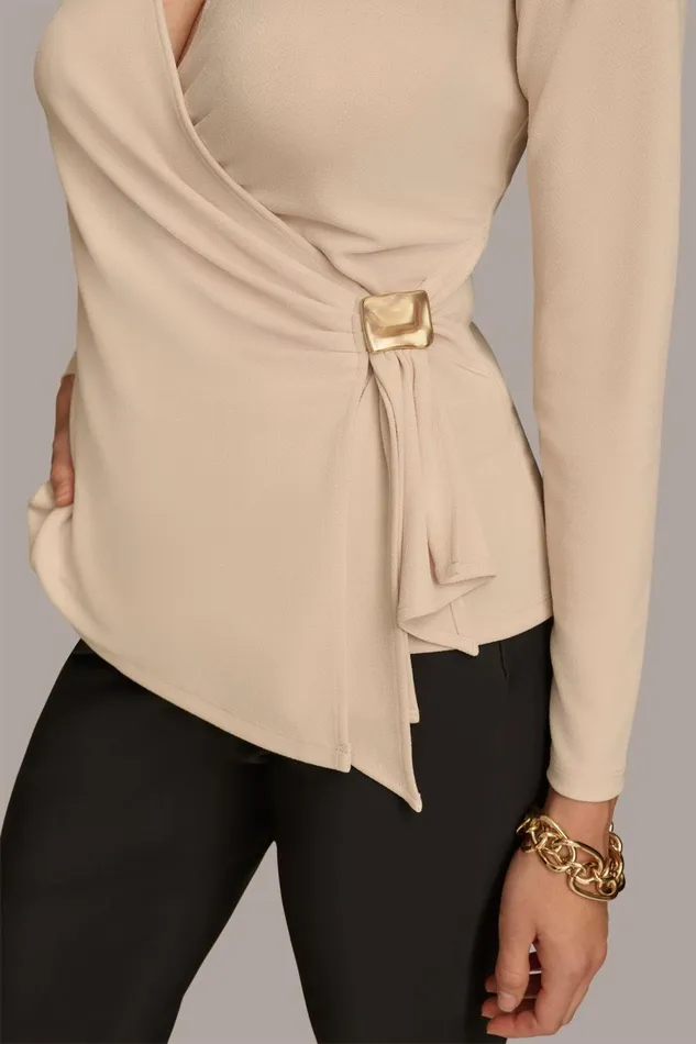Women Donna Karan Sweaters And Tops V NECK TOP WITH HARDWARE Biscotti
