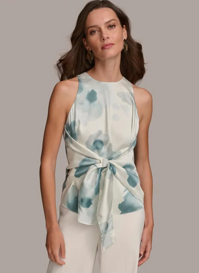 Women Donna Karan Sweaters And Tops WRAP TIE WAIST BLOUSE Frost Blue Combo