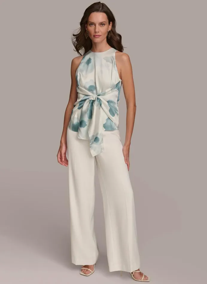 Women Donna Karan Sweaters And Tops WRAP TIE WAIST BLOUSE Frost Blue Combo