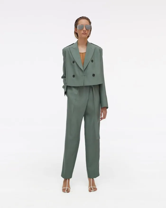Women Double Button Cropped Silk Blazer Jade Helmut Lang Jackets
