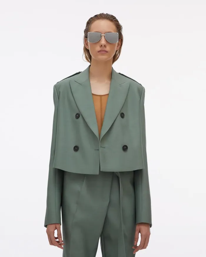 Women Double Button Cropped Silk Blazer Jade Helmut Lang Jackets