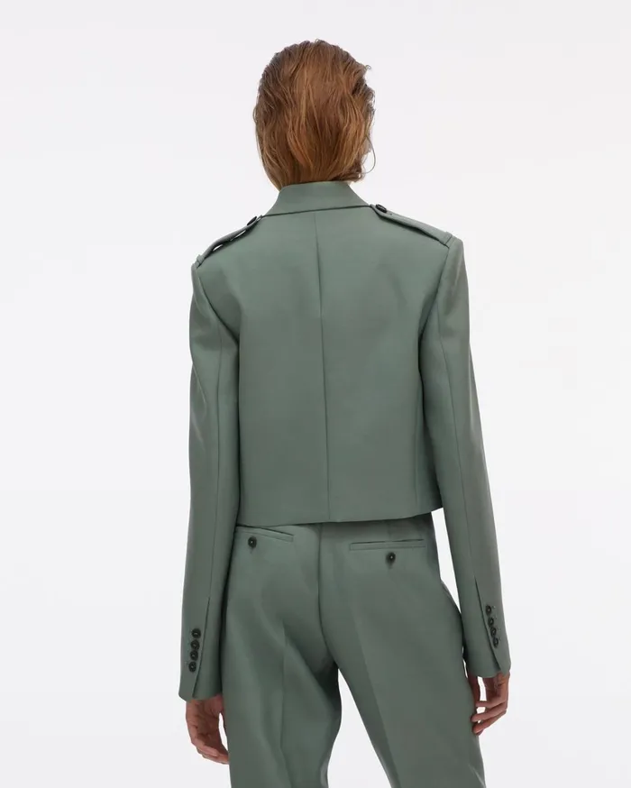 Women Double Button Cropped Silk Blazer Jade Helmut Lang Jackets