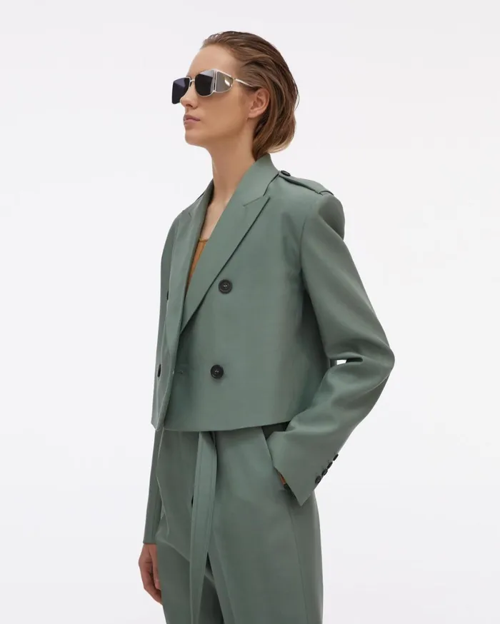 Women Double Button Cropped Silk Blazer Jade Helmut Lang Jackets