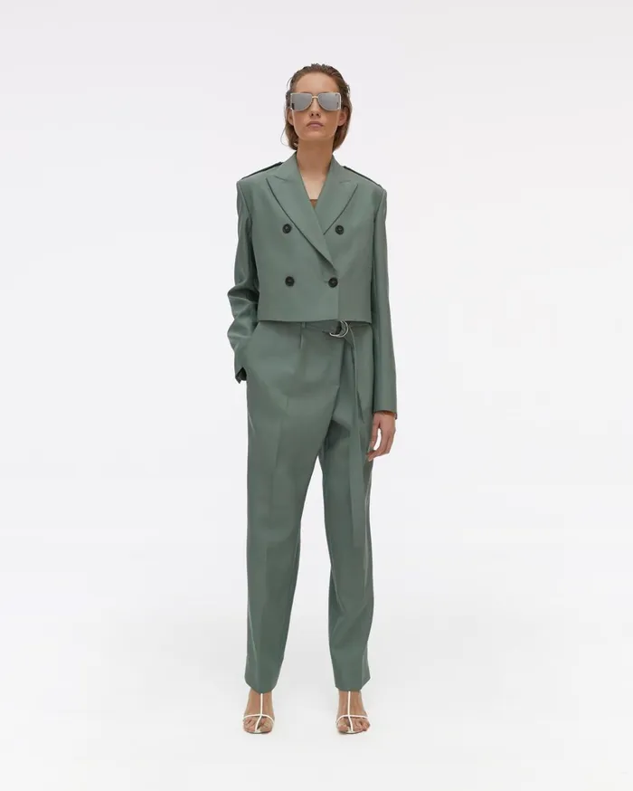 Women Double Button Cropped Silk Blazer Jade Helmut Lang Jackets