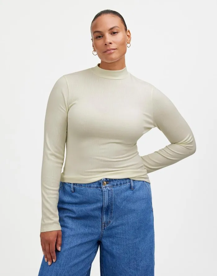 Women Drapey Rib LongSleeve Mockneck Top Winter White Madewell Tees