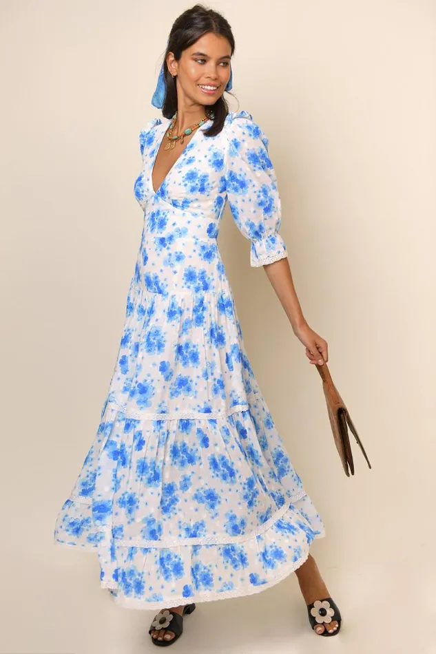 Women Dresses RIXO Adelaide Blue Victoria Floral