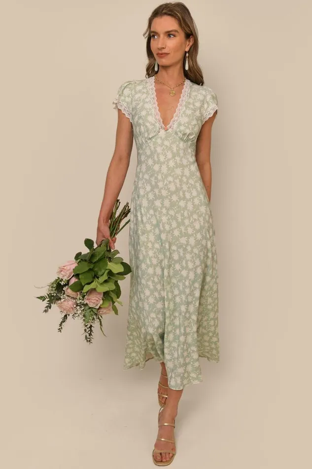 Women Dresses RIXO Clarice Vintage Daisy Green Women Dresses RIXO Clarice Vintage Daisy Green