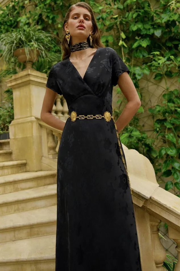 Women Dresses RIXO Clarissa Black Poppy Jacquard