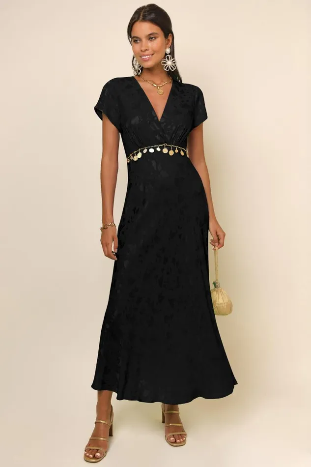 Women Dresses RIXO Clarissa Black Poppy Jacquard