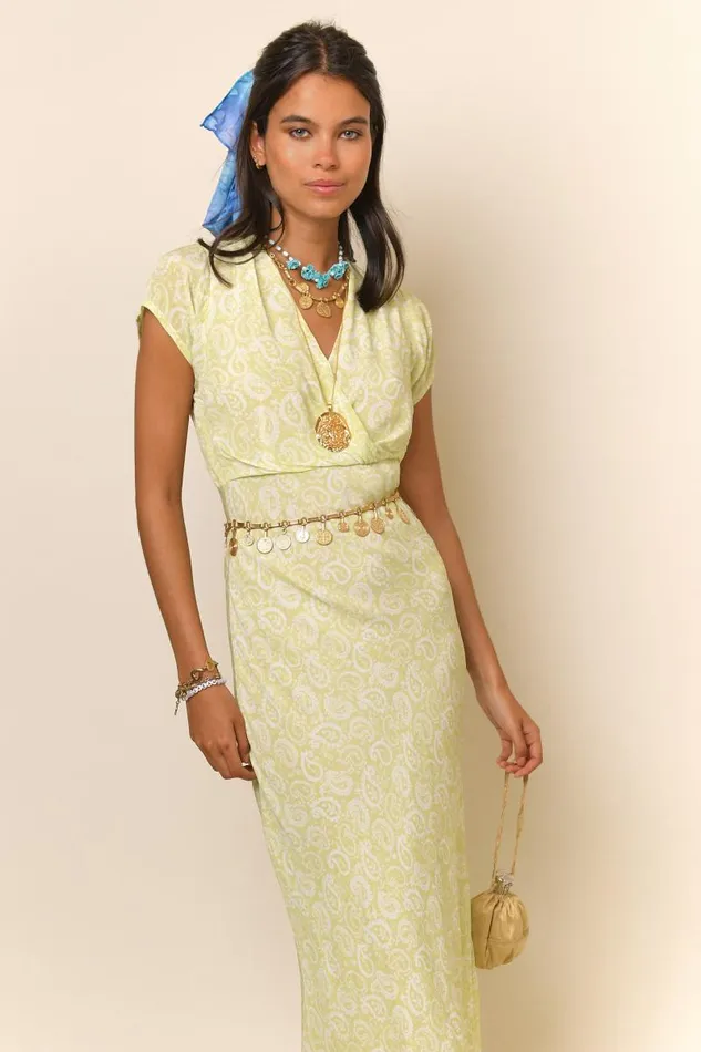 Women Dresses RIXO Clarissa Chartreuse Paisley Stamp Women Dresses RIXO Clarissa Chartreuse Paisley Stamp