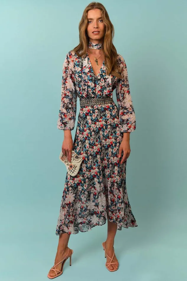 Women Dresses RIXO Diya Black Daisy Parade