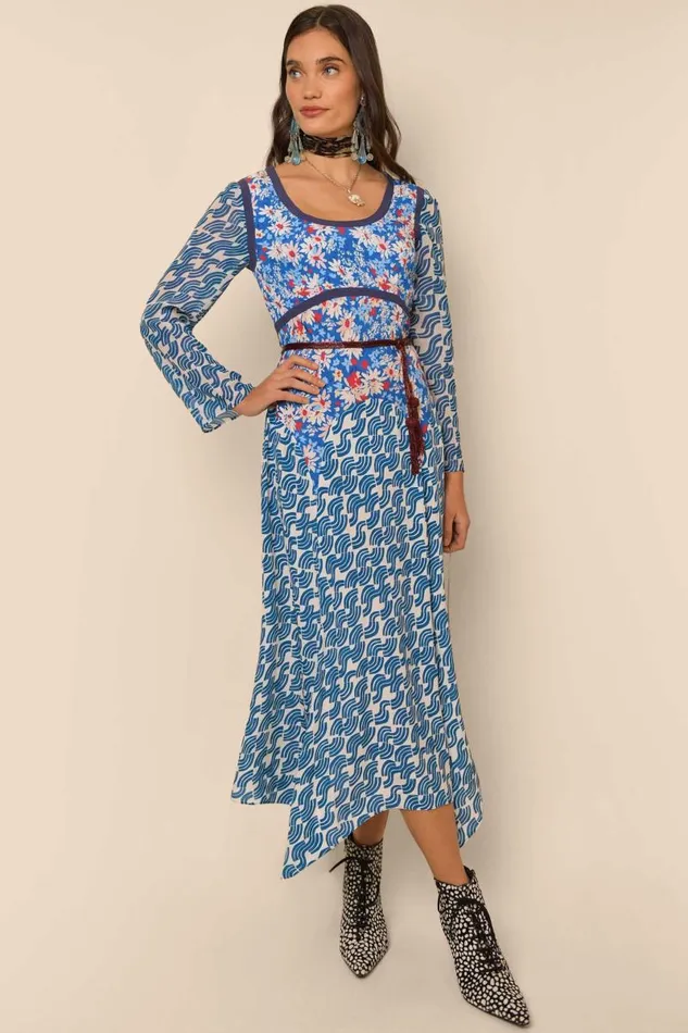 Women Dresses RIXO Harmony Blue Abstract Wave Mix