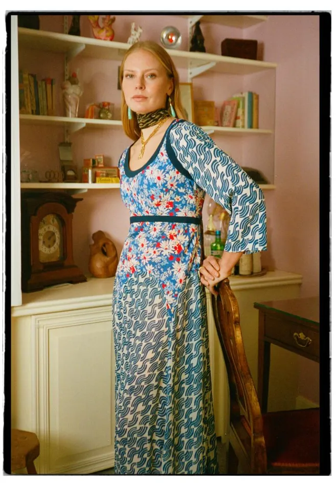 Women Dresses RIXO Harmony Blue Abstract Wave Mix