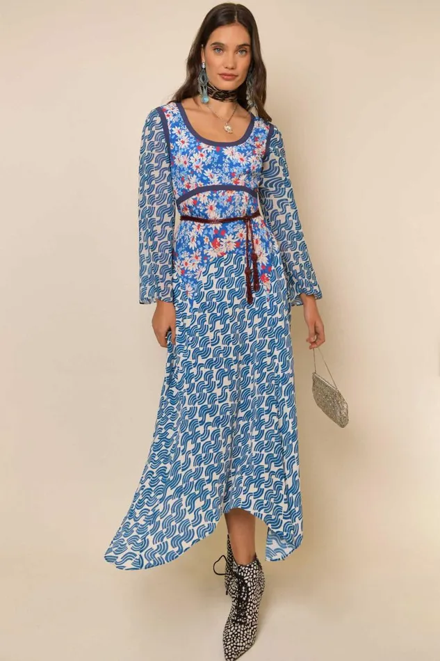 Women Dresses RIXO Harmony Blue Abstract Wave Mix