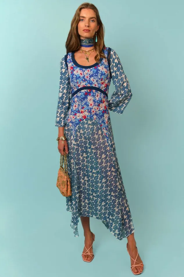Women Dresses RIXO Harmony Blue Abstract Wave Mix