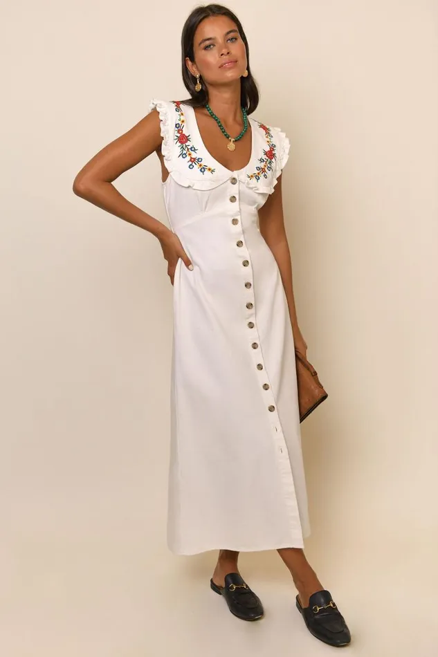 Women Dresses RIXO Nova Ecru Denim Embroidery