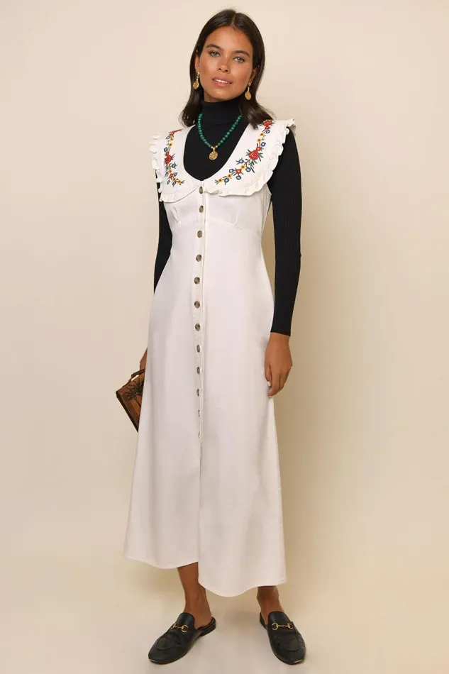 Women Dresses RIXO Nova Ecru Denim Embroidery Women Dresses RIXO Nova Ecru Denim Embroidery