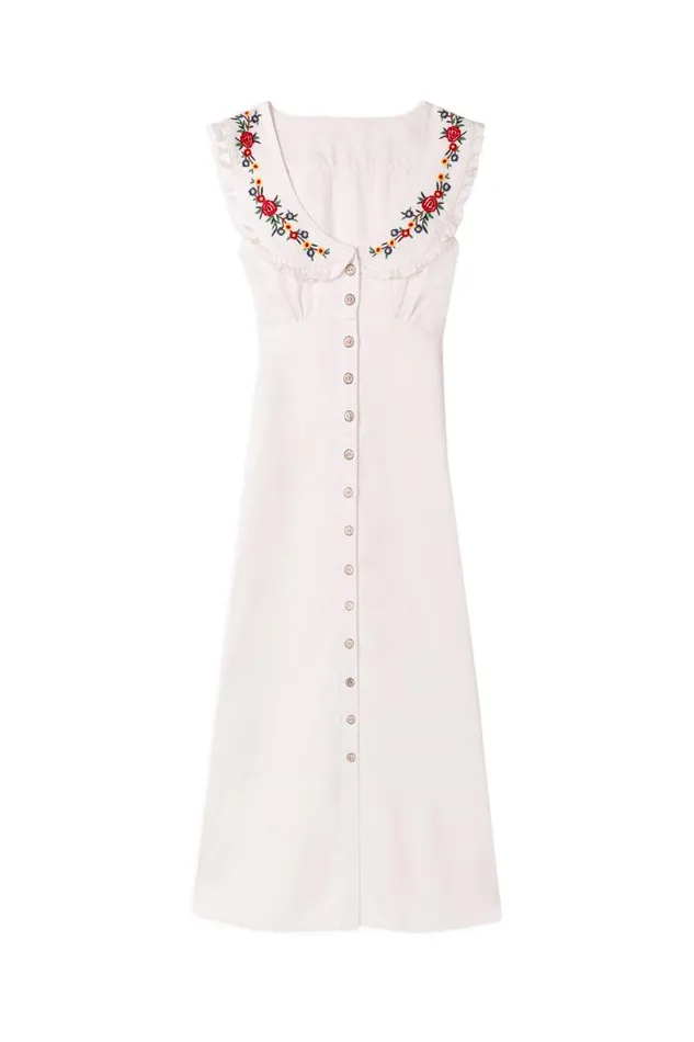 Women Dresses RIXO Nova Ecru Denim Embroidery Women Dresses RIXO Nova Ecru Denim Embroidery