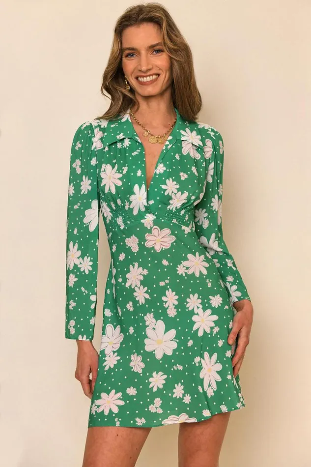 Women Dresses RIXO Renata Green Daisy Dream