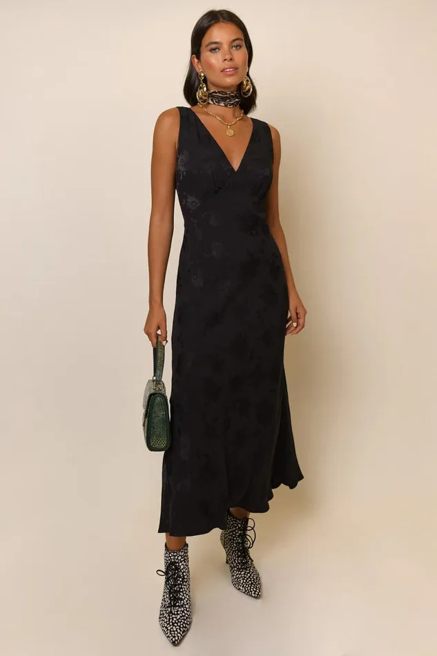 Women Dresses RIXO Sandrine Black Poppy Jacquard