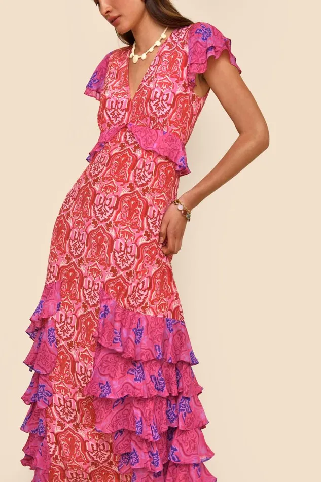 Women Dresses RIXO Thanvi Woodblock Pink Mix