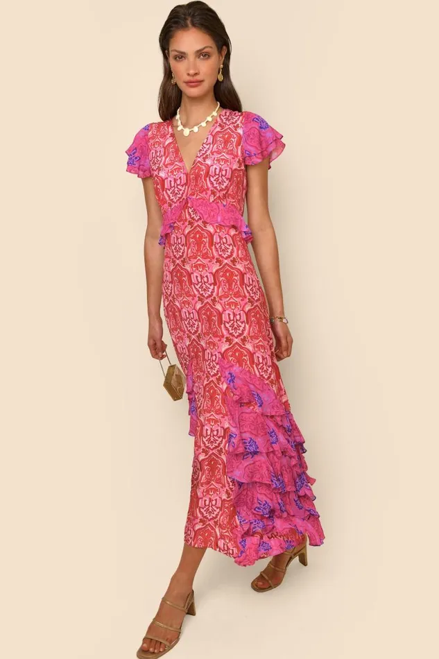 Women Dresses RIXO Thanvi Woodblock Pink Mix Women Dresses RIXO Thanvi Woodblock Pink Mix