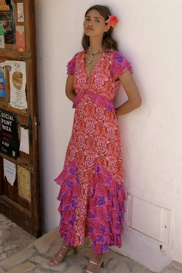 Women Dresses RIXO Thanvi Woodblock Pink Mix Women Dresses RIXO Thanvi Woodblock Pink Mix