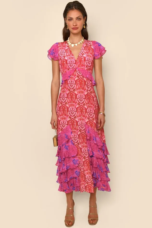 Women Dresses RIXO Thanvi Woodblock Pink Mix Women Dresses RIXO Thanvi Woodblock Pink Mix