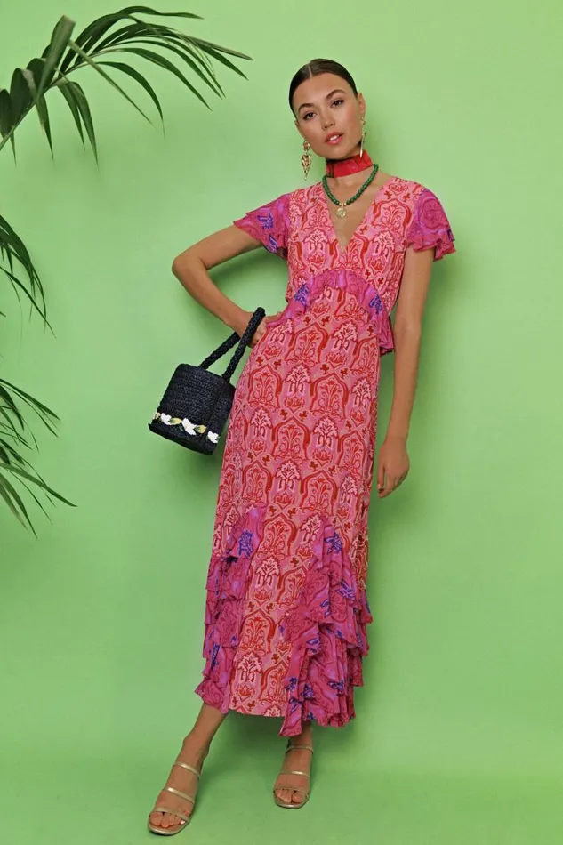 Women Dresses RIXO Thanvi Woodblock Pink Mix Women Dresses RIXO Thanvi Woodblock Pink Mix