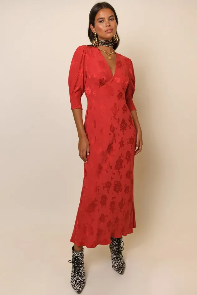 Women Dresses RIXO Zadie Red Poppy Jacquard Women Dresses RIXO Zadie Red Poppy Jacquard