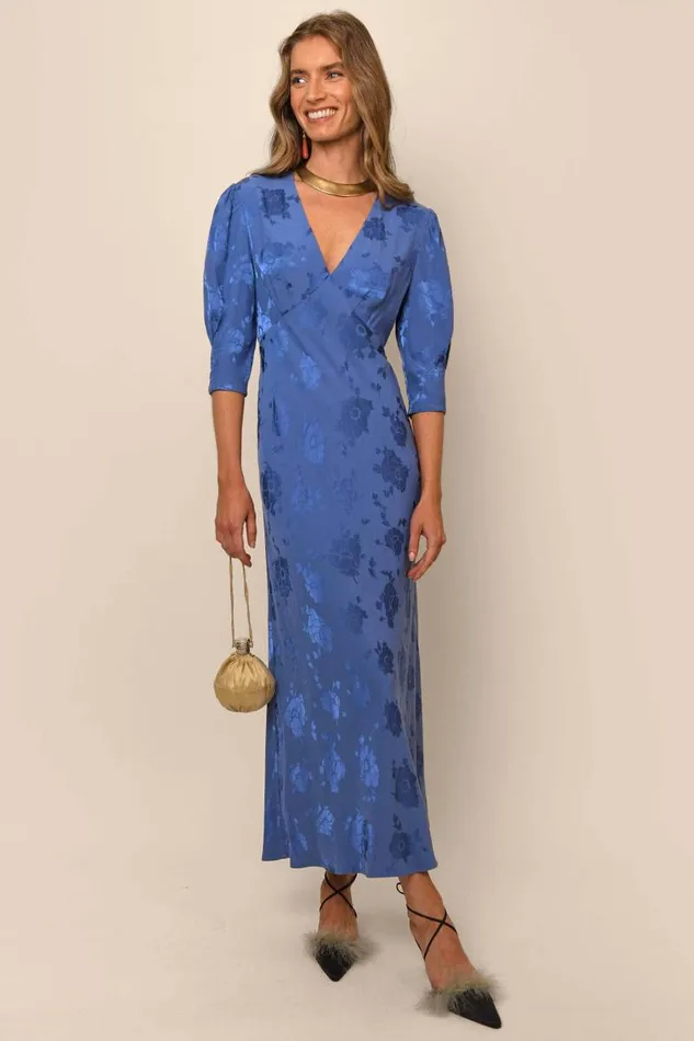 Women Dresses RIXO Zadie Steel Blue Poppy Jacquard