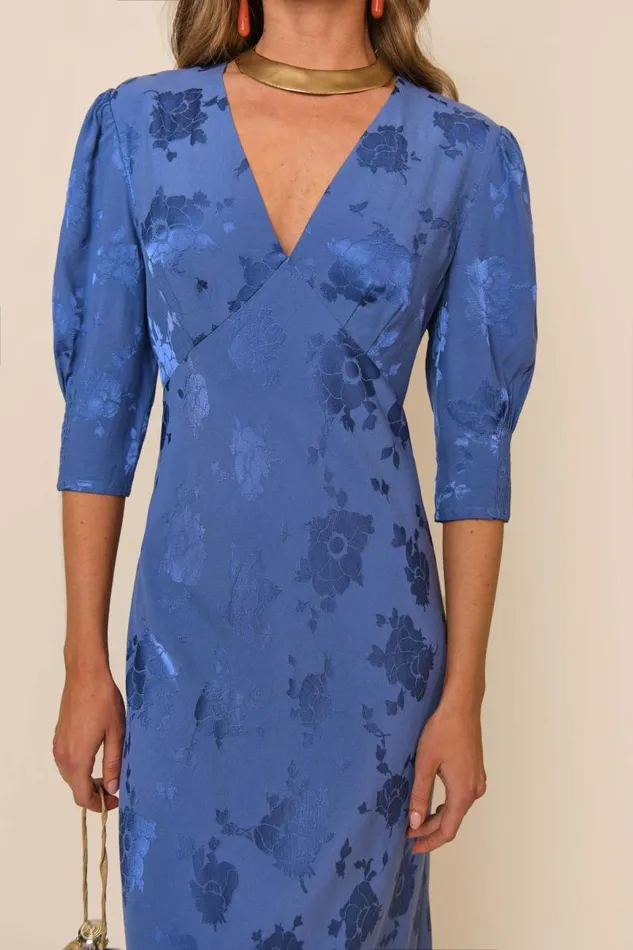 Women Dresses RIXO Zadie Steel Blue Poppy Jacquard Women Dresses RIXO Zadie Steel Blue Poppy Jacquard