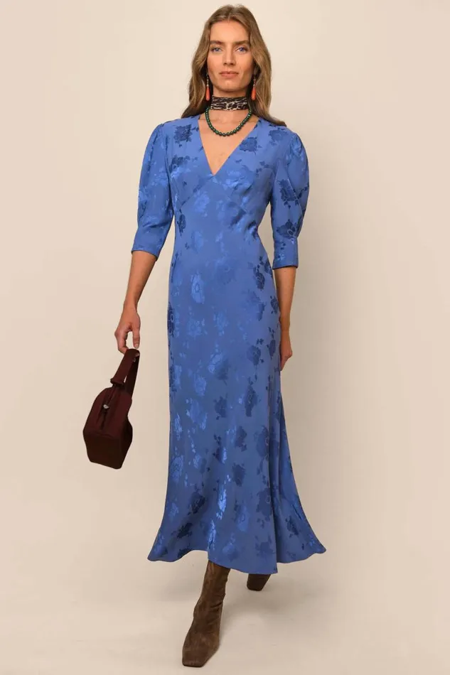 Women Dresses RIXO Zadie Steel Blue Poppy Jacquard Women Dresses RIXO Zadie Steel Blue Poppy Jacquard