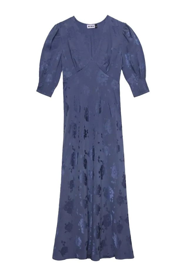 Women Dresses RIXO Zadie Steel Blue Poppy Jacquard Women Dresses RIXO Zadie Steel Blue Poppy Jacquard